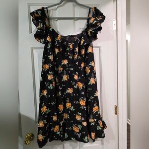 Floral Ruffle Dress - Black and Orange